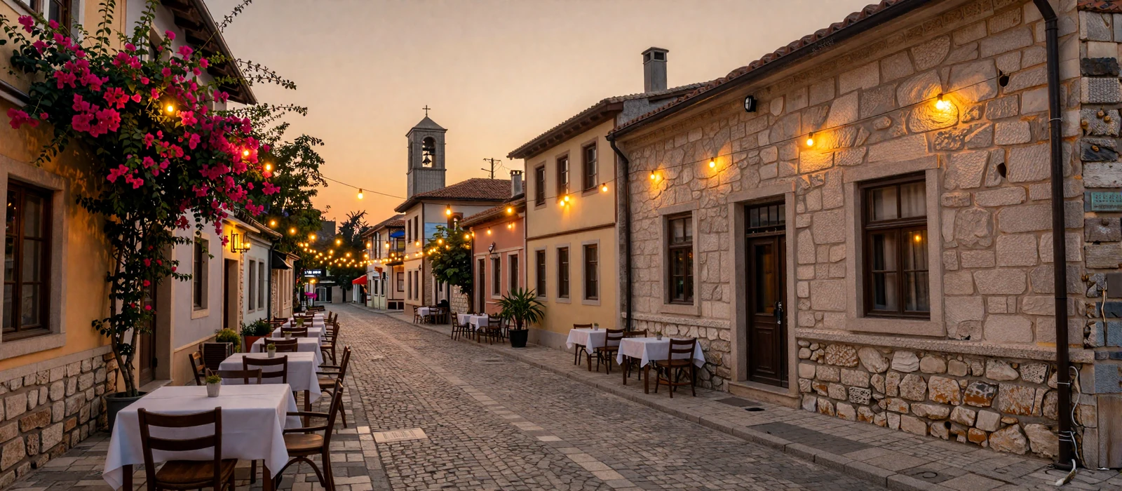 Romantic Balkan old town street at golden hour with cobblestone cafes and Mediterranean architecture