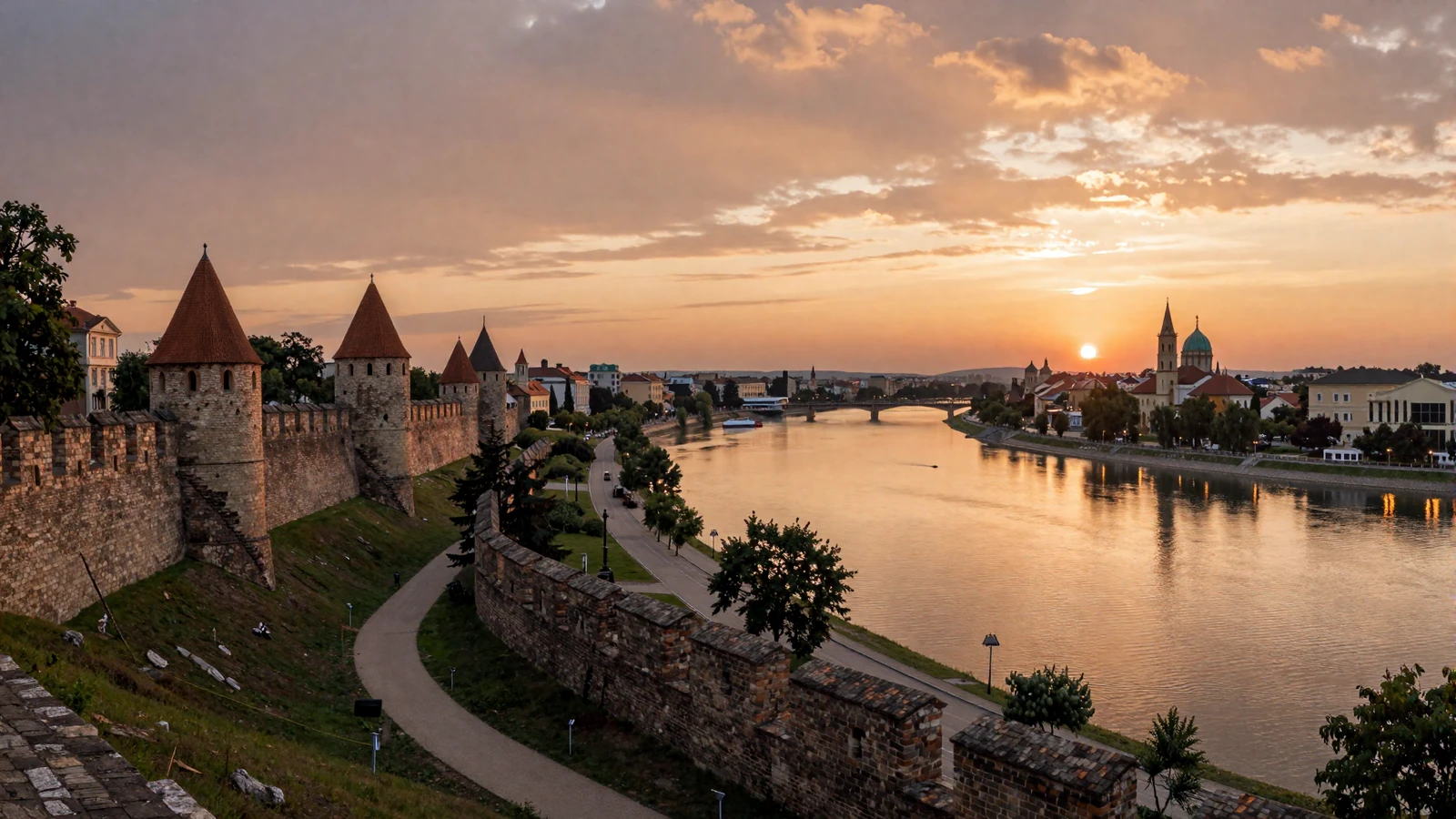 Panoramic view of Belgrade Serbia at golden hour with Kalemegdan fortress and Danube River creating a romantic Balkan cityscape