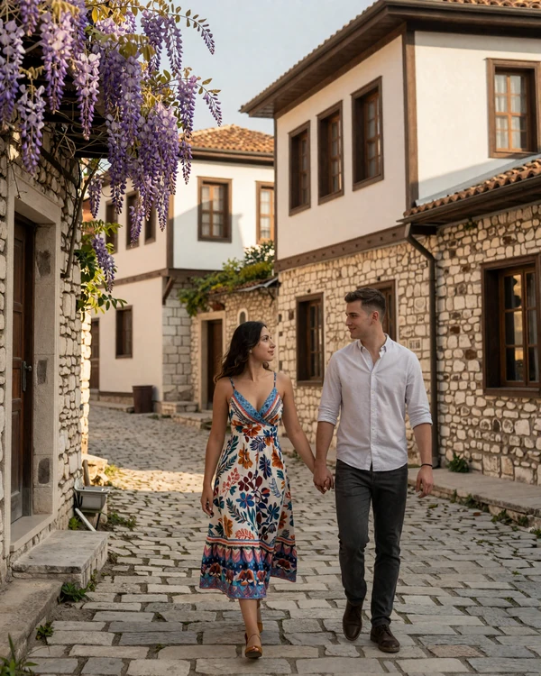 Romantic Albanian couple walking through the stone streets of Gjirokastër old town in warm afternoon light - Albanian dating culture in action