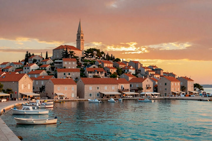 Adriatic coastal Balkan town at sunset with stone buildings and turquoise harbor