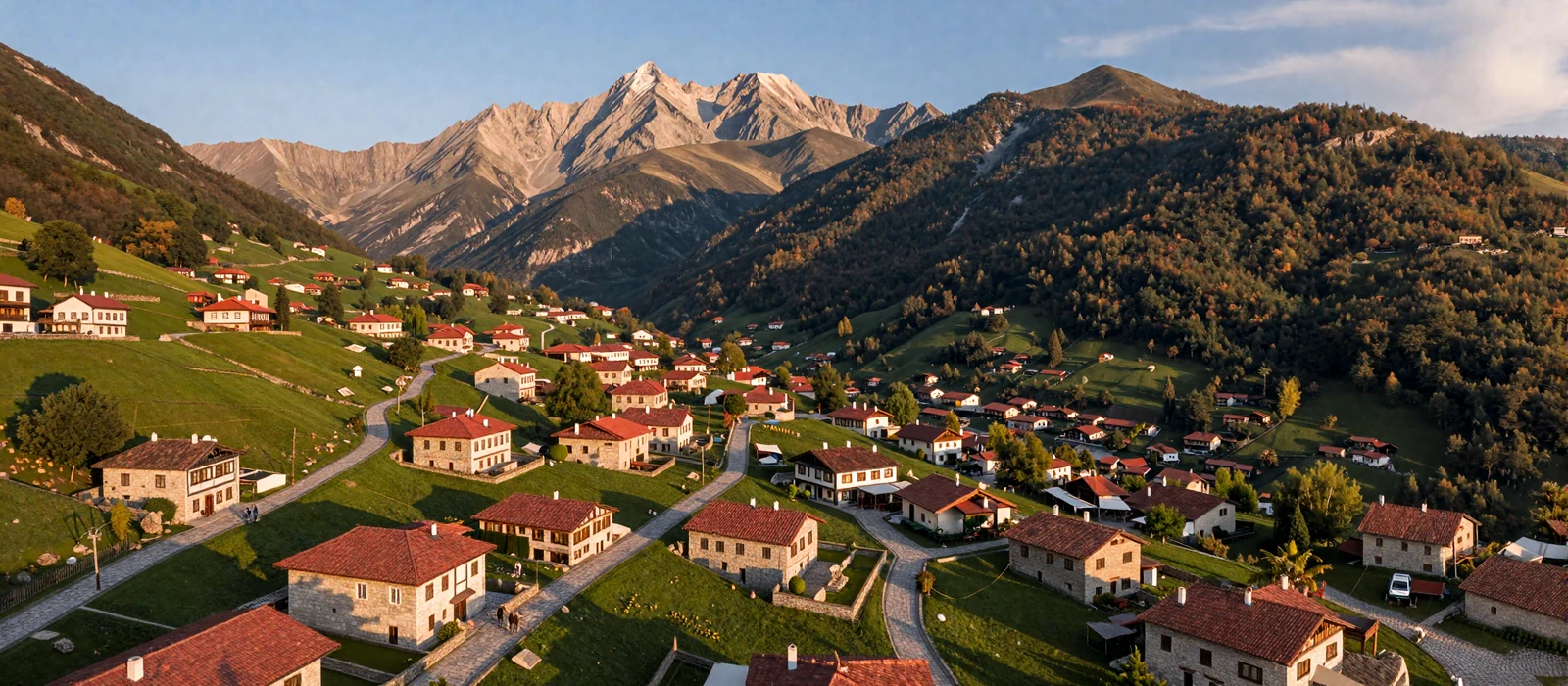 Albanian mountain village at golden hour showcasing traditional wedding culture landscape
