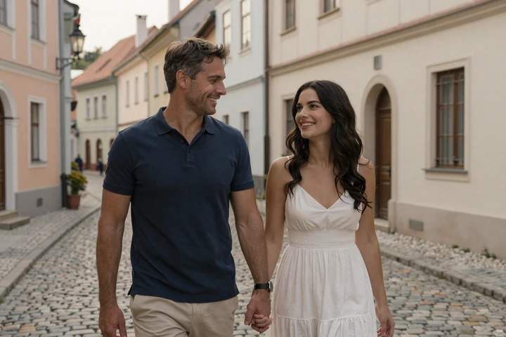 American man and Balkan woman walking hand-in-hand through a charming European old town street
