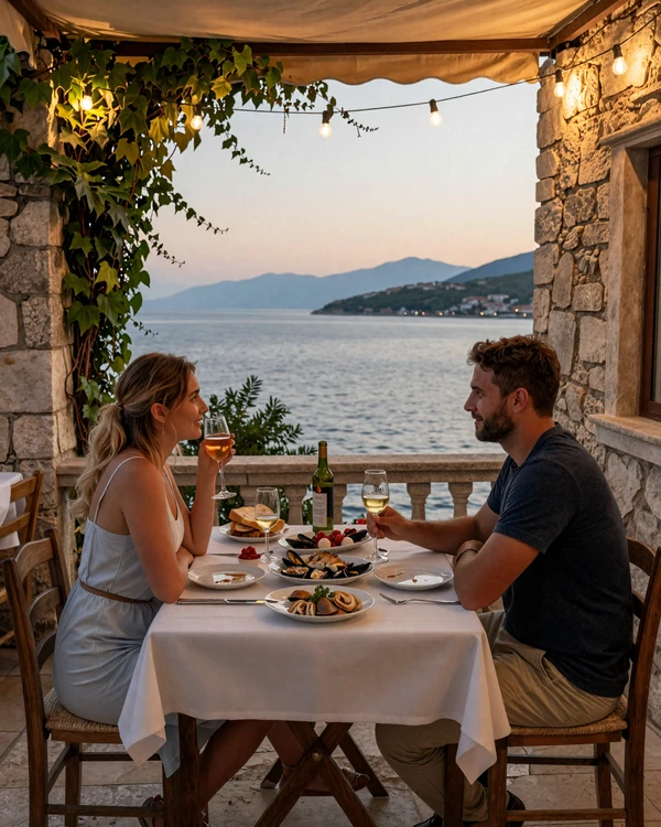 Romantic konoba tavern terrace in Dalmatia Croatia with traditional seafood dinner overlooking the Adriatic - Croatian dating culture in action