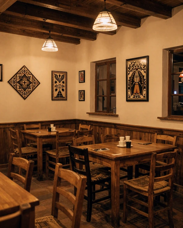 Inside a traditional Serbian kafana in Belgrade with warm golden lighting and rustic wooden decor reflecting Serbian dating culture