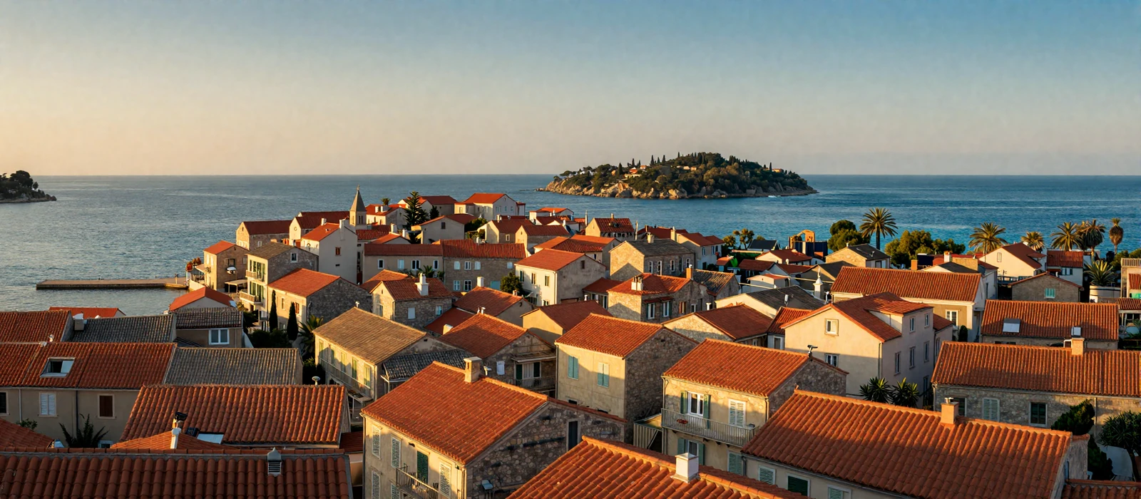 Panoramic view of a Mediterranean coastal town on the Adriatic sea at golden hour representing overseas dating destinations