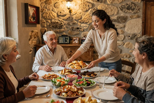Albanian family gathering around a table of traditional food - byrek, salads, and warm hospitality in a Mediterranean-style home