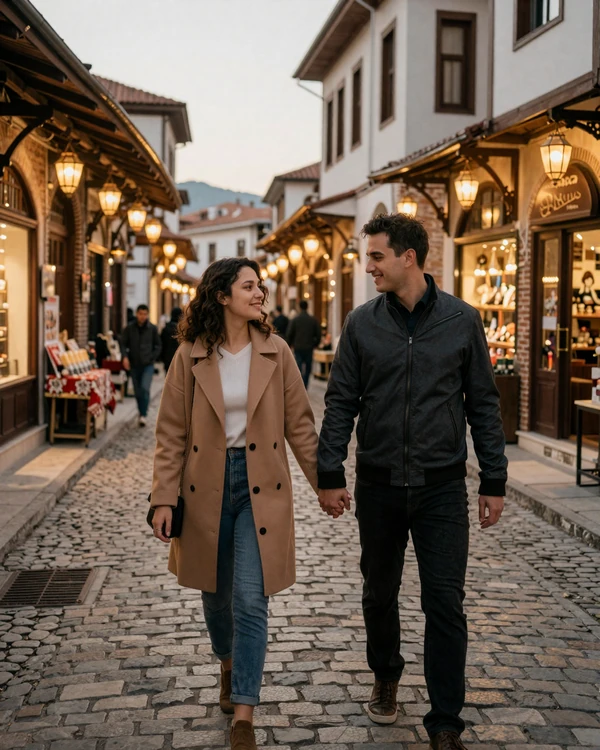Macedonian couple walking through Skopje's Old Bazaar at golden hour - Macedonian dating culture in authentic setting