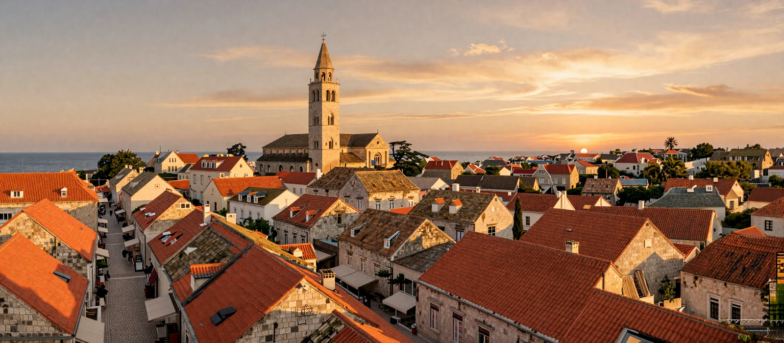 Panoramic view of an Eastern European old town at sunset with terracotta rooftops and church towers