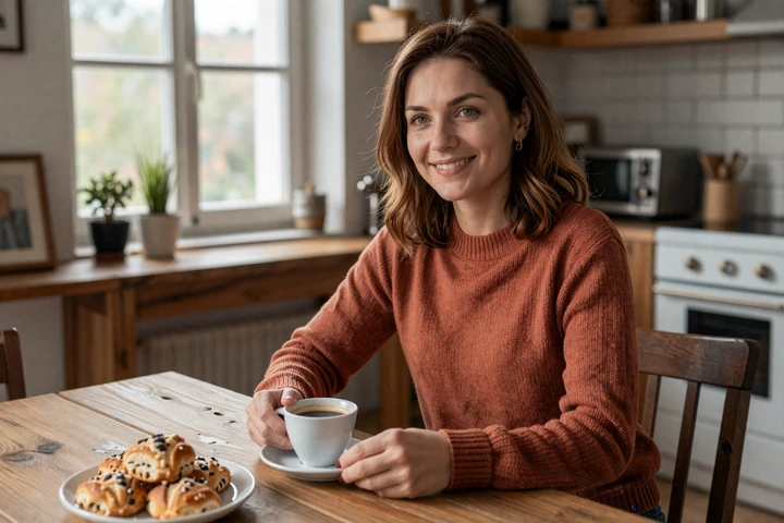 Balkan woman with chestnut hair enjoying coffee in a cozy European kitchen setting