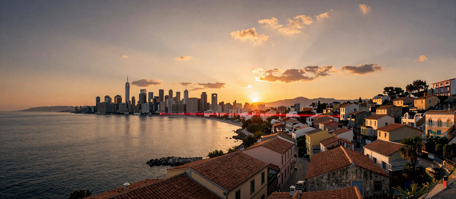 Romantic sunset connecting Adriatic coast with American city skyline symbolizing long distance Balkan love stories