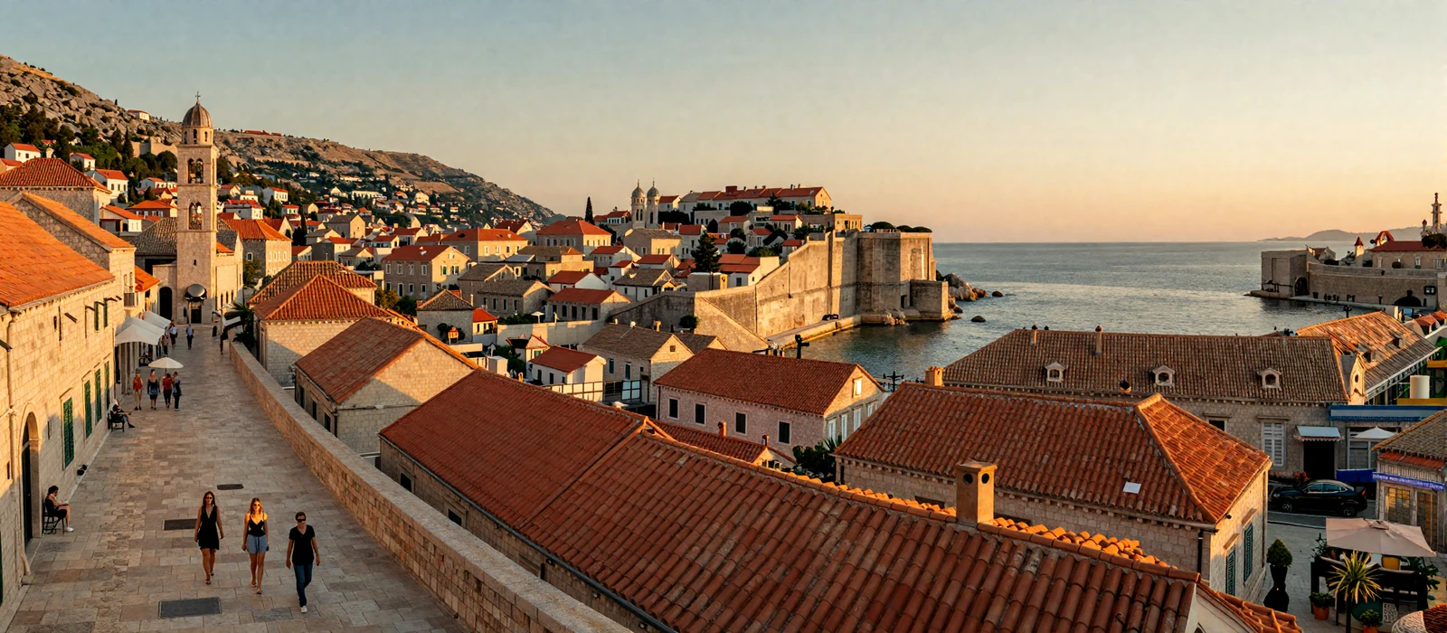 Adriatic coastal town at golden hour with Mediterranean architecture showcasing Balkan beauty and culture
