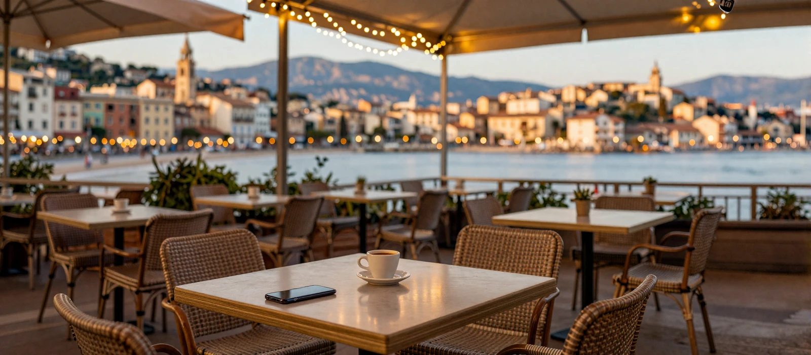 Stylish European cafe terrace at golden hour representing the modern dating experience for men over 40