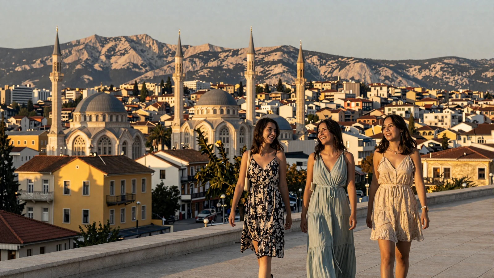 Beautiful Albanian women walking in Tirana's Skanderbeg Square at sunset with colorful buildings and Dajti Mountain in the background