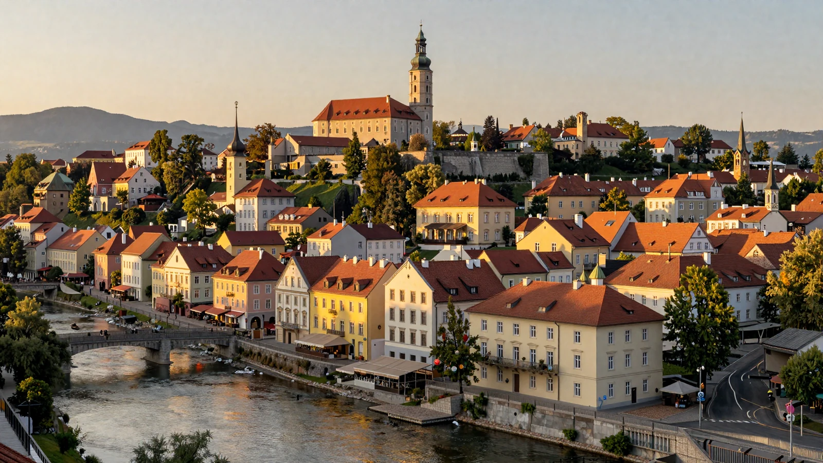 Ljubljana old town at sunset with Ljubljana Castle, Ljubljanica River and pastel baroque buildings - romantic Slovenian cityscape