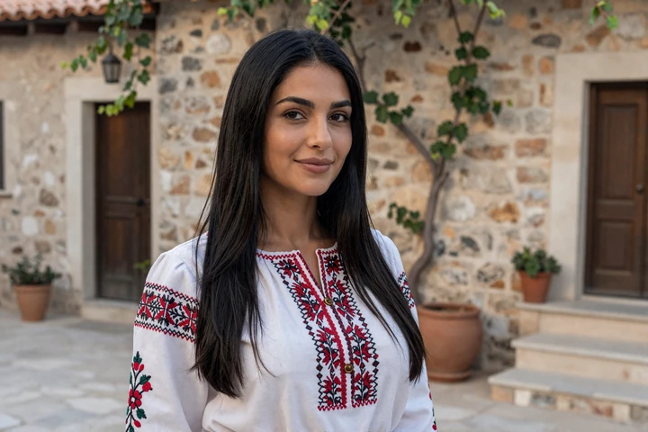 Albanian woman in traditional white embroidered blouse showcasing Albanian bride cultural heritage