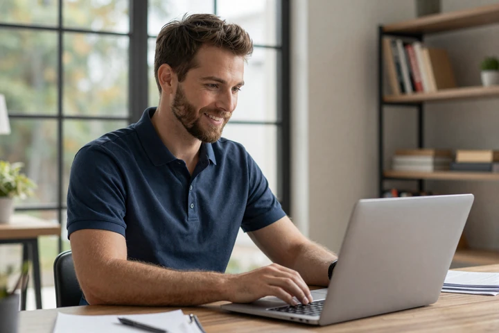 American man browsing overseas dating sites on laptop in his home office with warm natural lighting