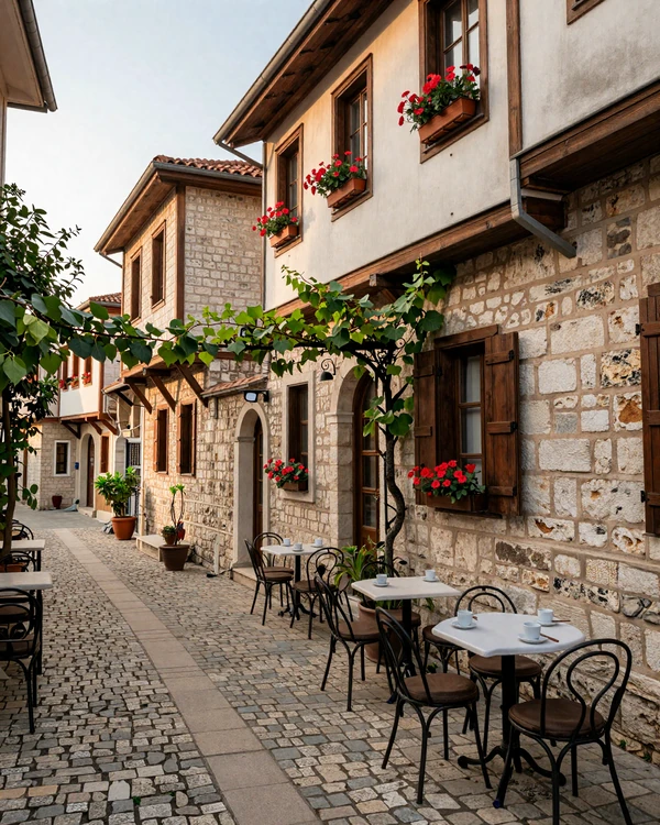 Charming Balkan old town street with traditional stone architecture and outdoor cafe - the romantic setting where many couples meet
