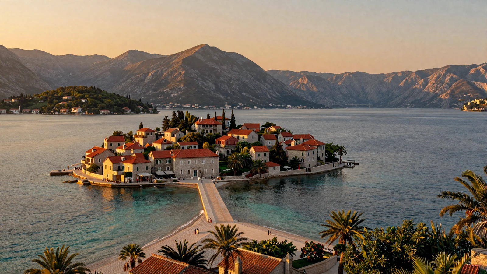 Stunning view of Sveti Stefan island Montenegro at golden hour with turquoise Adriatic waters and medieval stone architecture - romantic Montenegrin dating destination