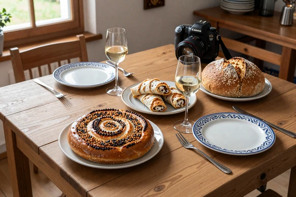 Traditional Slovenian table with homemade potica, štruklji, fresh bread and local wine - Slovenian food culture