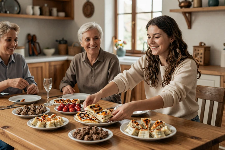 Warm Balkan family gathering around dining table with traditional food - family values culture
