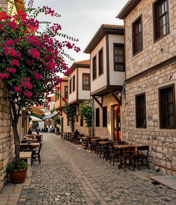 Charming Balkan old town street with Mediterranean stone architecture and warm sunlight