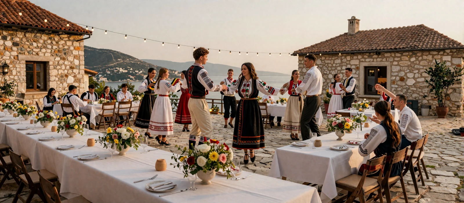 Festive Balkan outdoor wedding celebration with folk dancers in Mediterranean courtyard at golden hour