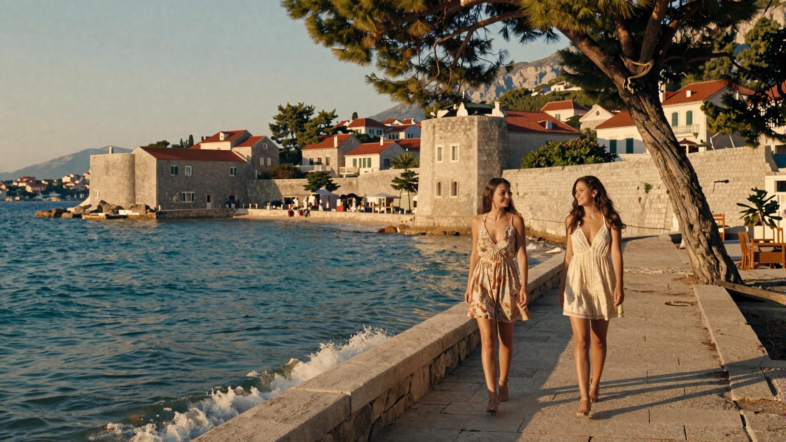 Beautiful Adriatic coastline at sunset with Balkan women walking along the promenade in a romantic Mediterranean setting