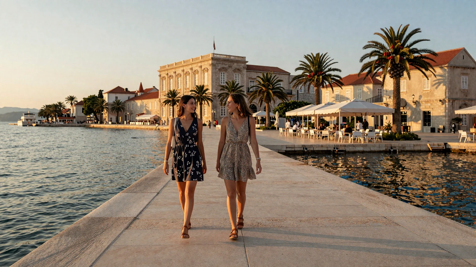 Croatian women walking along the Split waterfront Riva promenade at sunset with Adriatic Sea and Diocletian Palace in the background