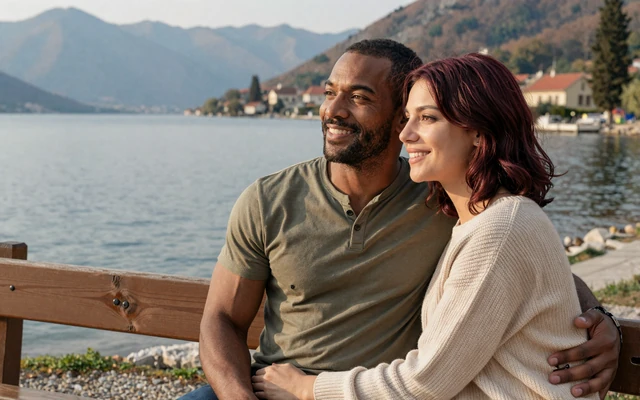 Milena and James, a Macedonian-American couple at Lake Ohrid, connected on Dating4u