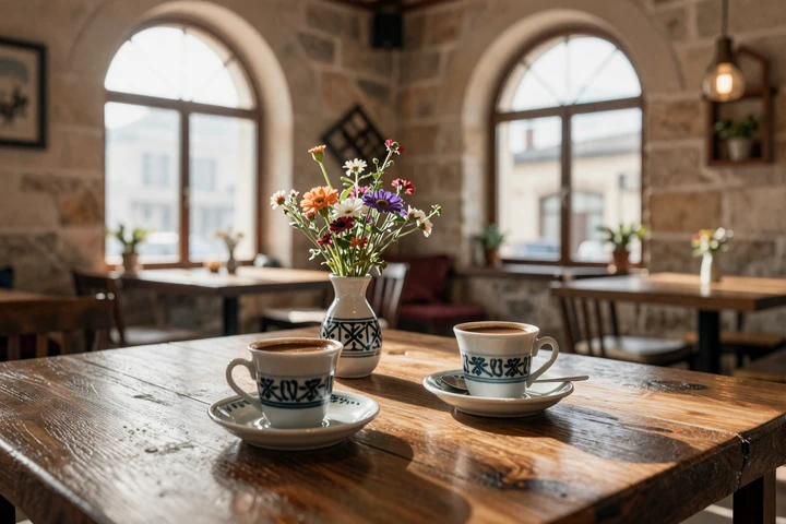 Traditional Balkan kafana interior with Turkish coffee cups and wildflowers on a wooden table