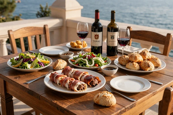 Traditional Montenegrin feast table with njeguški steak, priganice, and Vranac wine at an outdoor Adriatic terrace - Montenegrin culinary dating culture