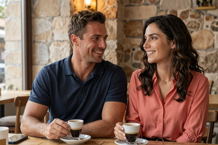 American man and Balkan woman having coffee together at a Mediterranean cafe on a first date