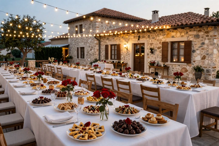 Traditional Albanian wedding reception table with festive decorations and Mediterranean food