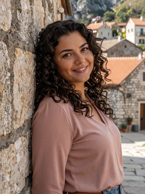 Tamara, 27, a verified Montenegrin woman from Nikšić with curly dark hair and playful expression on Dating4u