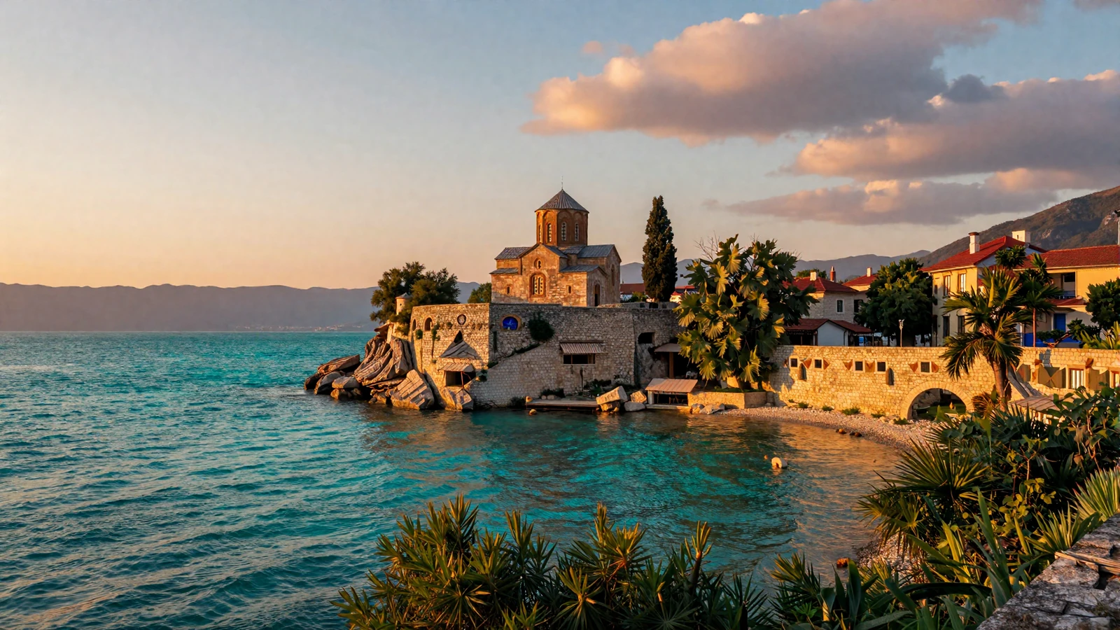 Lake Ohrid at sunset with the Church of St. John at Kaneo - romantic backdrop for Macedonian women dating