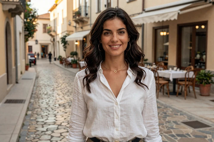 Beautiful Balkan woman with dark wavy hair on a Mediterranean cobblestone street