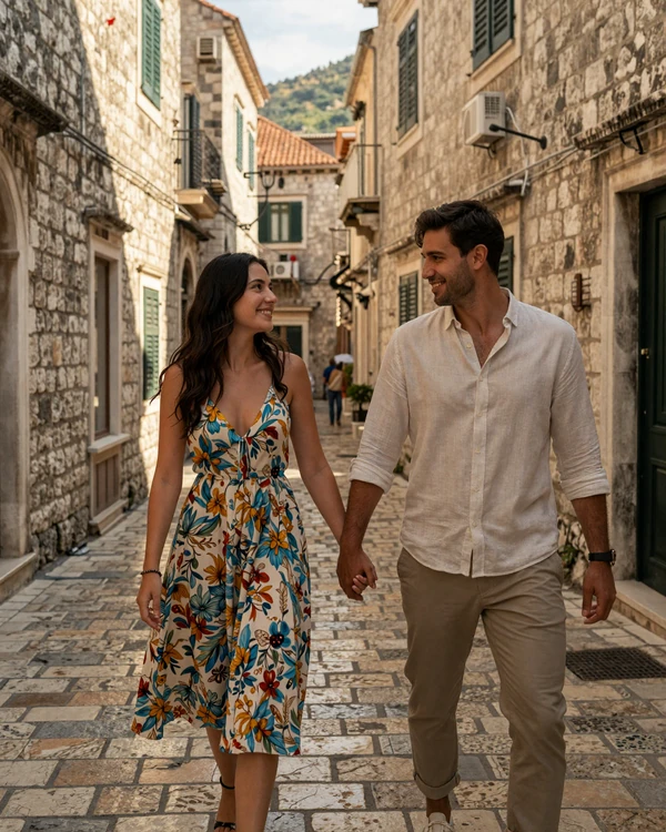 Romantic couple walking through Kotor Old Town cobblestone streets in warm Adriatic afternoon light - Montenegrin dating culture in action