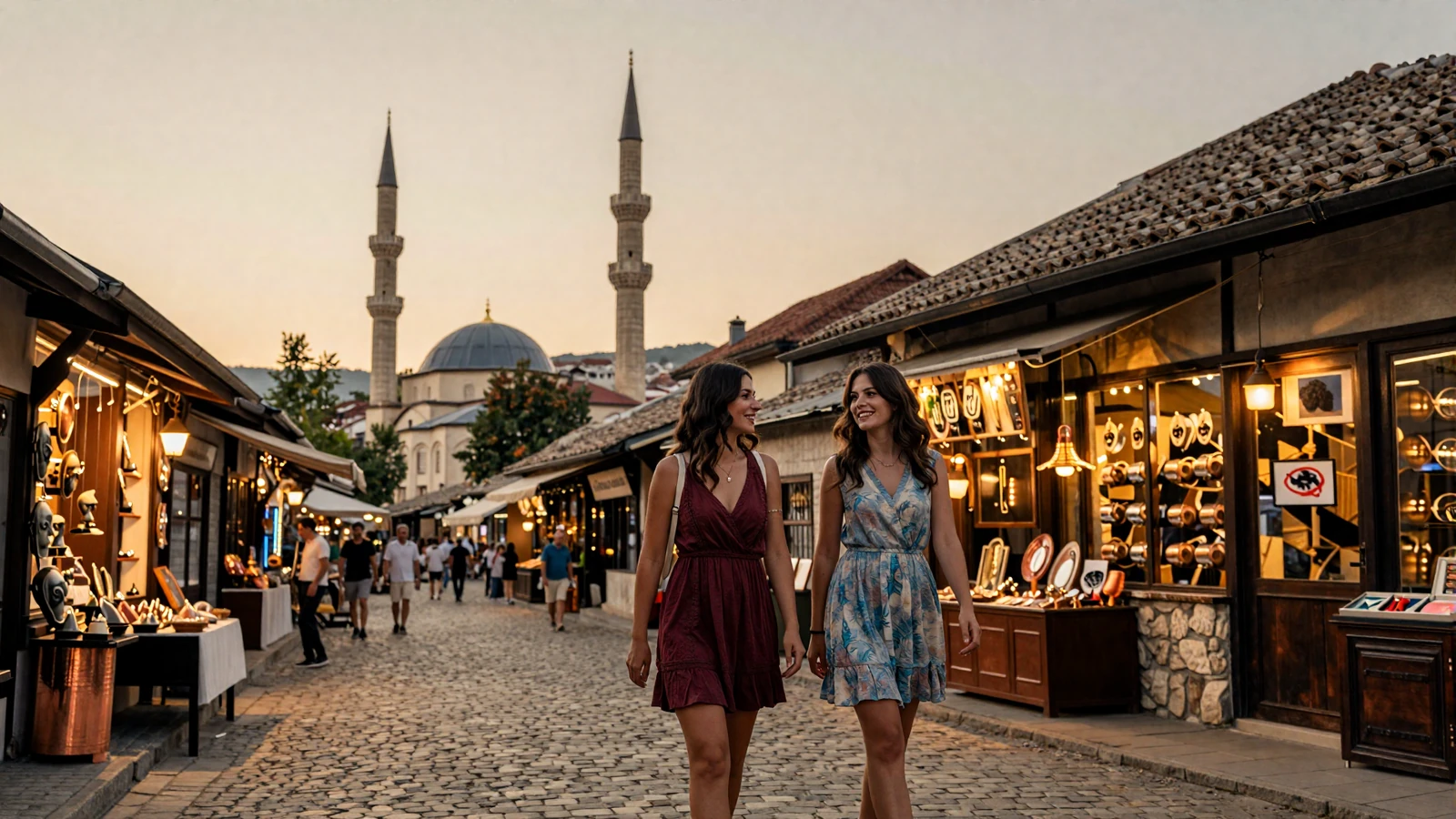 Beautiful Bosnian women walking through Sarajevo's historic Baščaršija bazaar at sunset with minarets and Ottoman architecture in the background