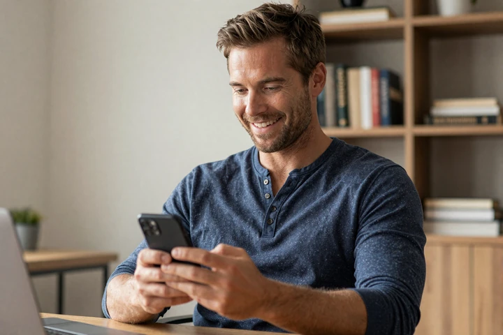 Confident American man over 40 browsing the best dating apps on his smartphone at home